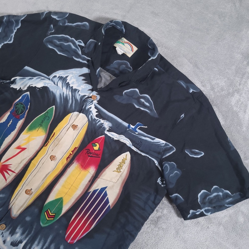 Paradise Found Hawaiian Shirt Mens Large Surfboard Surfer Button‎ Up Aloha Rayon